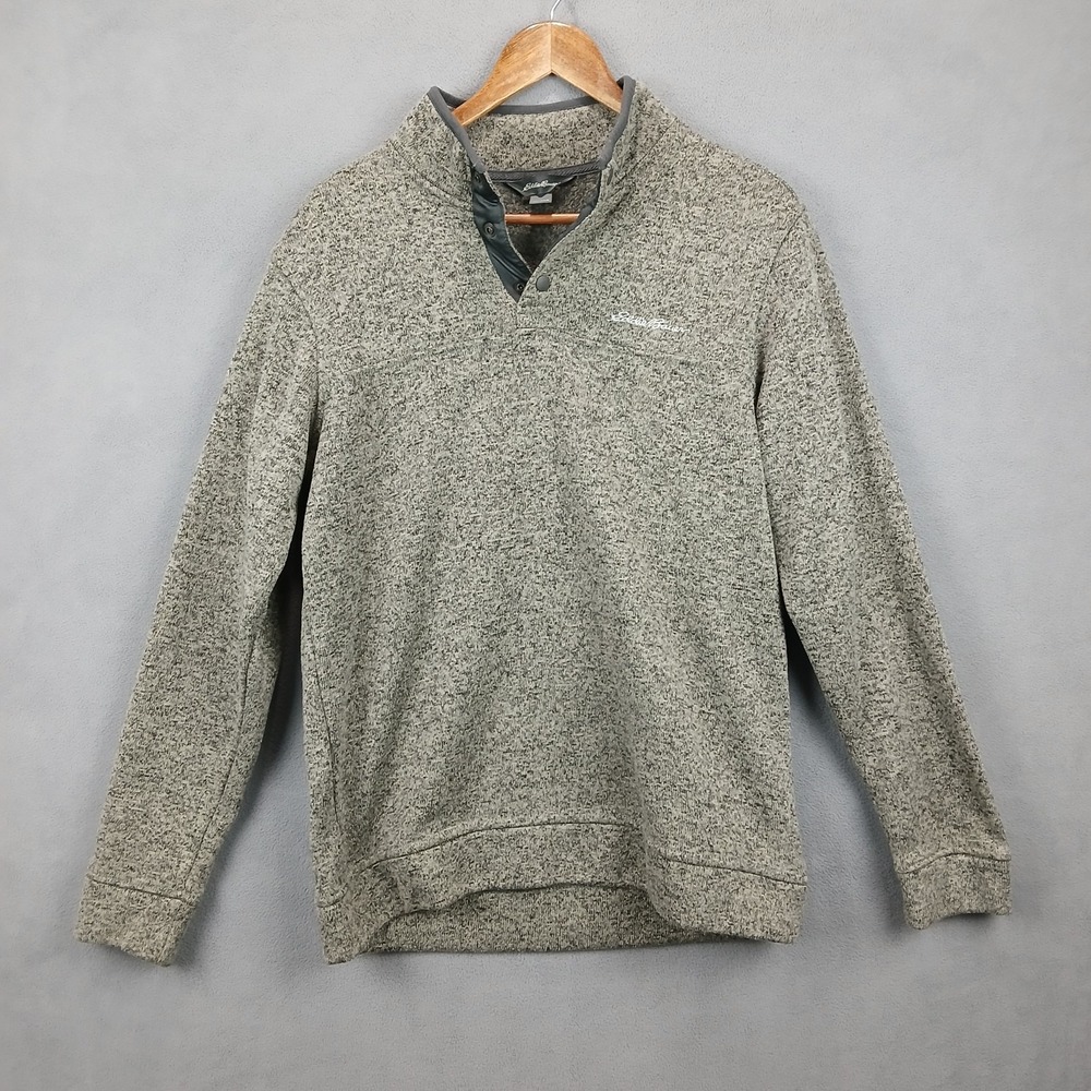 Eddie Bauer Sweater Mens Large Gray Fleece‎ Line Snap Button Embroidered Logo